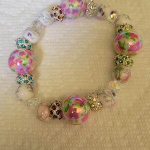Handmade Pink Floral Beaded Stretch Bracelet with Crystal Accents